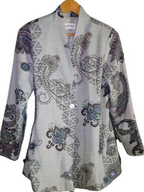 Peck & Peck Open Front Blazer Jacket M Gray Paisley Floral Button Career Boho
